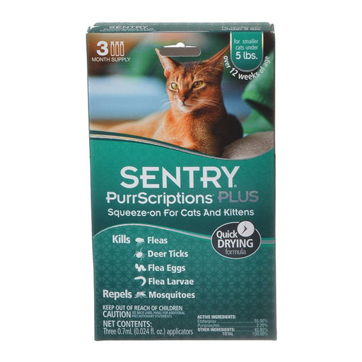 3 count Sentry PurrScriptions Plus Squeeze-On Flea and Tick Control for Small Cats and Kittens