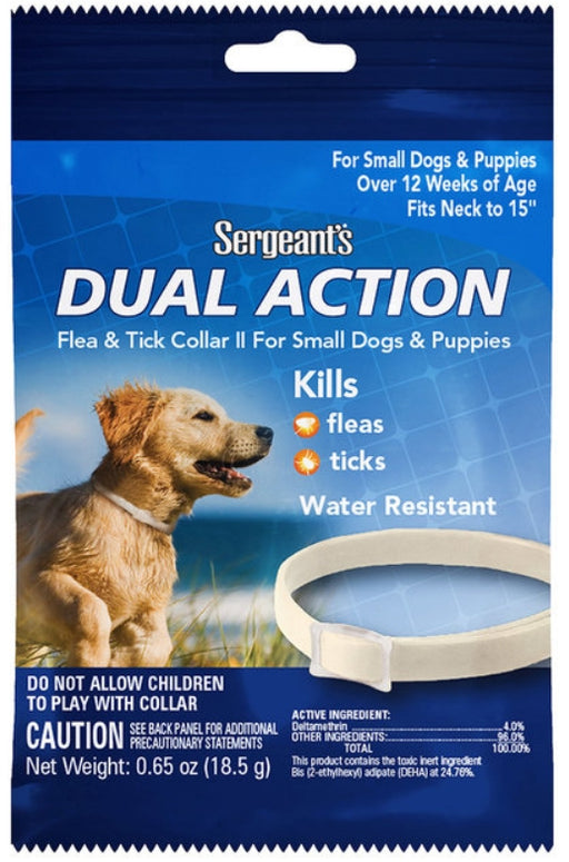 1 count Sergeants Dual Action Flea and Tick Collar II for Small Dogs and Puppies Neck Size 15"