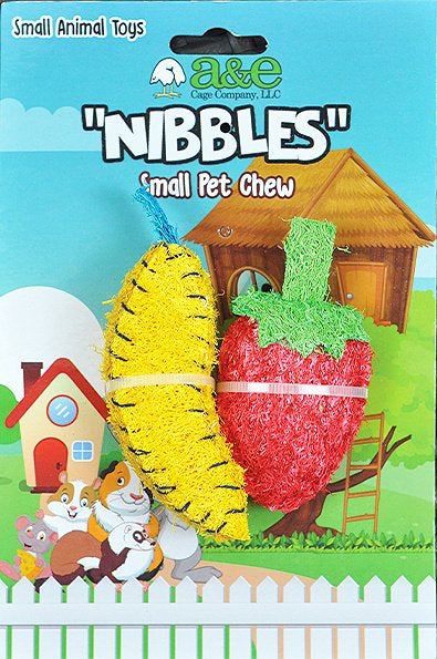 2 count AE Cage Company Nibbles Strawberry and Banana Loofah Chew Toys