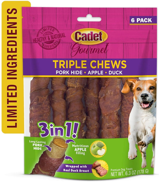 54 count (9 x 6 ct) Cadet Gourmet Pork Hide Triple Chews with Duck and Apple