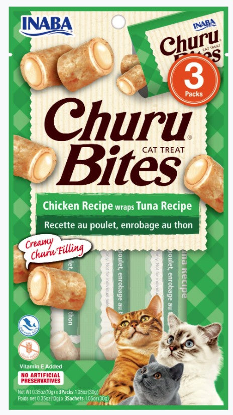 3 count Inaba Churu Bites Cat Treat Chicken Recipe wraps Tuna Recipe