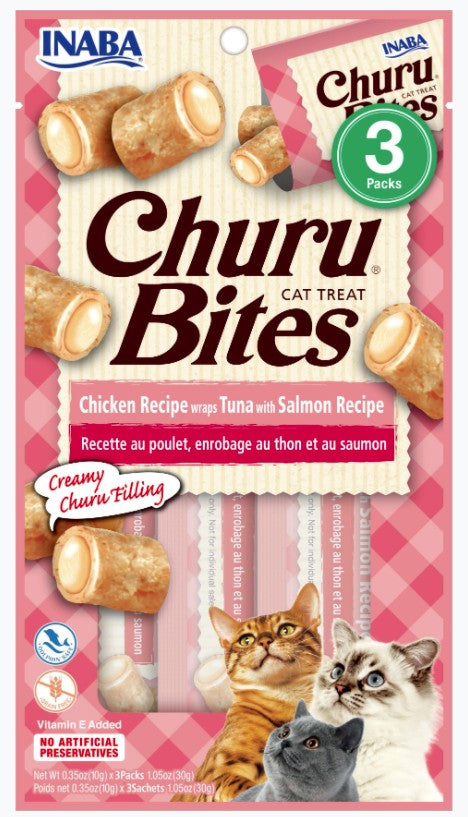 3 count Inaba Churu Bites Cat Treat Chicken Recipe wraps Tuna with Salmon Recipe
