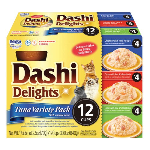 12 count Inaba Dashi Delight Tuna Flavored Variety Pack Bits in Broth Cat Food Topping