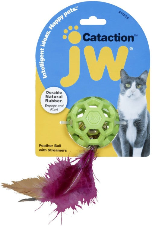 1 count JW Pet Cataction Feather Ball Toy With Bell Interactive Cat Toy