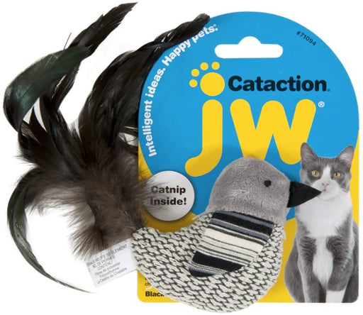 1 count JW Pet Cataction Catnip Black and White Bird Cat Toy With Feather Tail