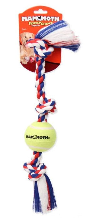 1 count Mammoth Flossy Chews Color 3 Knot Tug with Tennis Ball 20" Medium