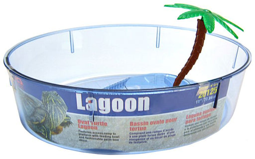 1 count Lees Oval Turtle Lagoon with Access Ramp to Feeding Bowl and Palm Tree Decor
