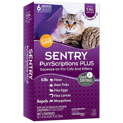 6 count Sentry PurrScriptions Plus Squeeze-On Flea and Tick Control for Large Cats and Kittens