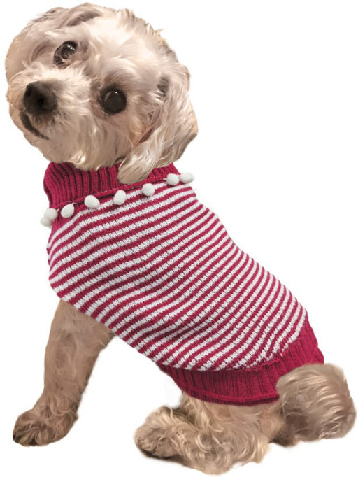X-Small - 1 count Fashion Pet Pom Pom Stripe Dog Sweater Raspberry