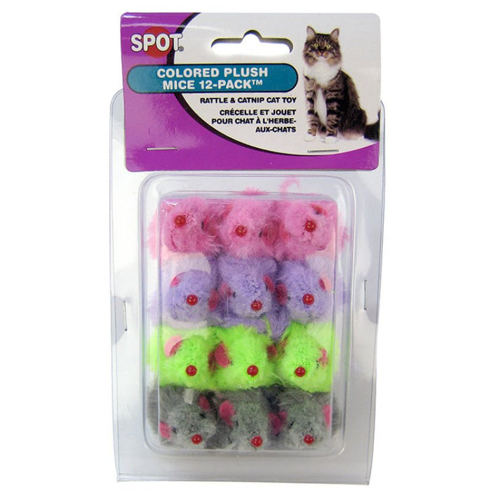 12 count Spot Colored Plush Mice Cat Toy with Rattle and Catnip