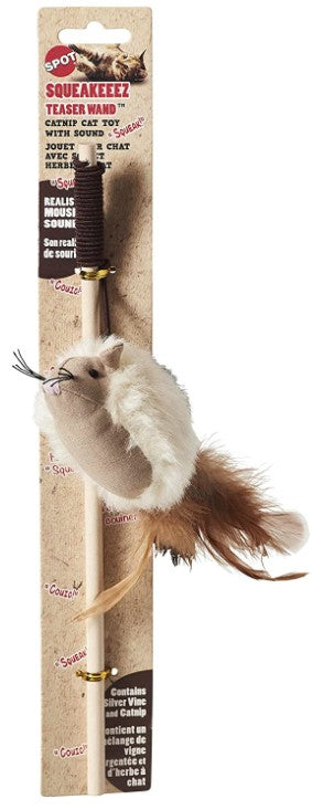 1 count Spot Squeakeeez Mouse Teaser Wand Cat Toy Assorted Colors