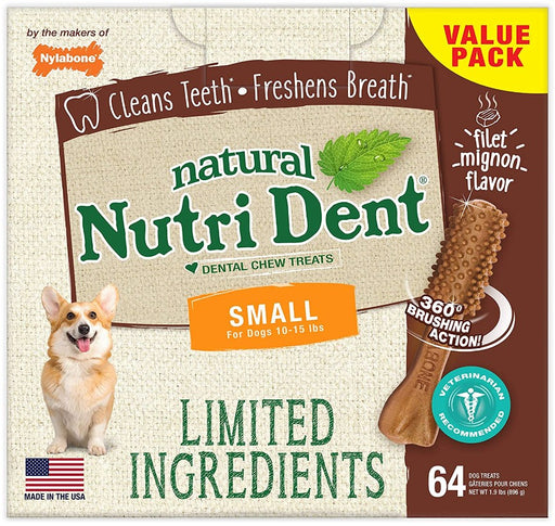 128 count (2 x 64 ct) Nylabone Natural Nutri Dent Filet Mignon Limited Ingredients Small Dog Chews