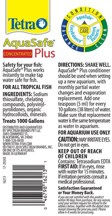 16.9 oz Tetra AquaSafe Plus Water Conditioner Makes Tap Water Safe for Fish