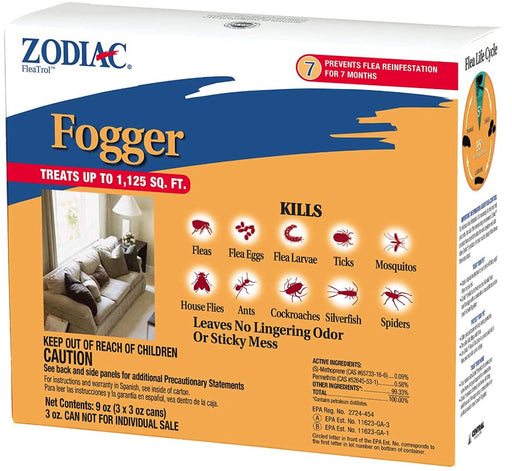 3 count Zodiac FleaTrol Fogger Kills Fleas, Flea Eggs and Larvae, Ticks, Mosquitoes, Cockroaches, Ants, Spiders and Silverfish