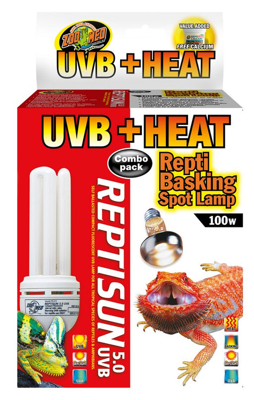 2 count Zoo Med UVB + Heat Combo Pack ReptiSun 5.0 UVB and Repti Basking Spot Lamp